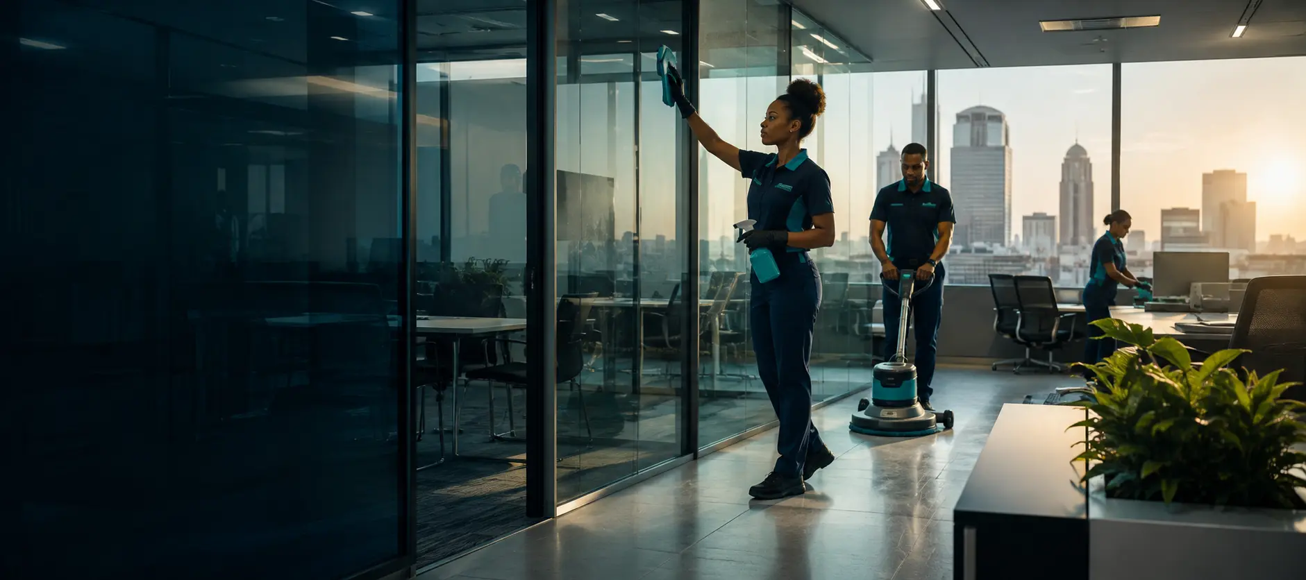 Professional cleaning team working in a modern Johannesburg office.