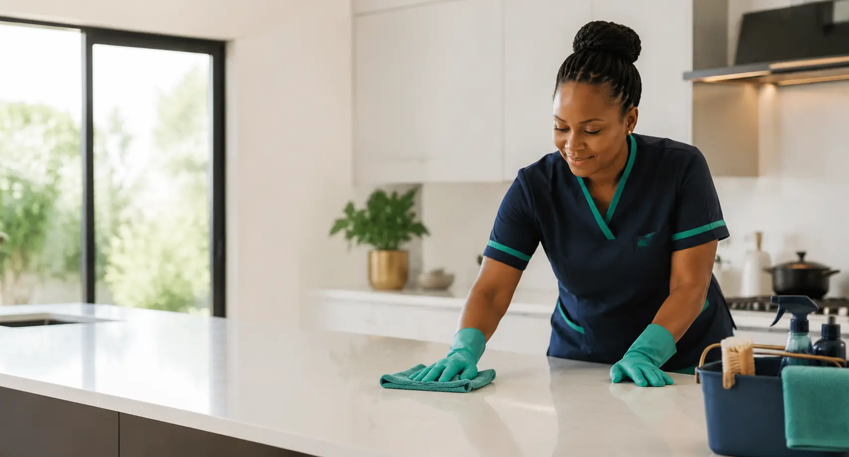 Professional cleaner wiping a kitchen worktop in a bright Johannesburg home.